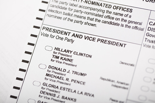 Las Vegas, USA - October 8, 2016: An editorial stock photo of the 2016 Presidential General Election Ballot. Focused on Hillary Clinton. Photographed using the Canon EOS 5DSR and Canon 100mm f2.8 IS L lens. 