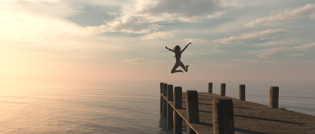 Woman jumping from the pontoon to ocean. This is a 3d render illustration
