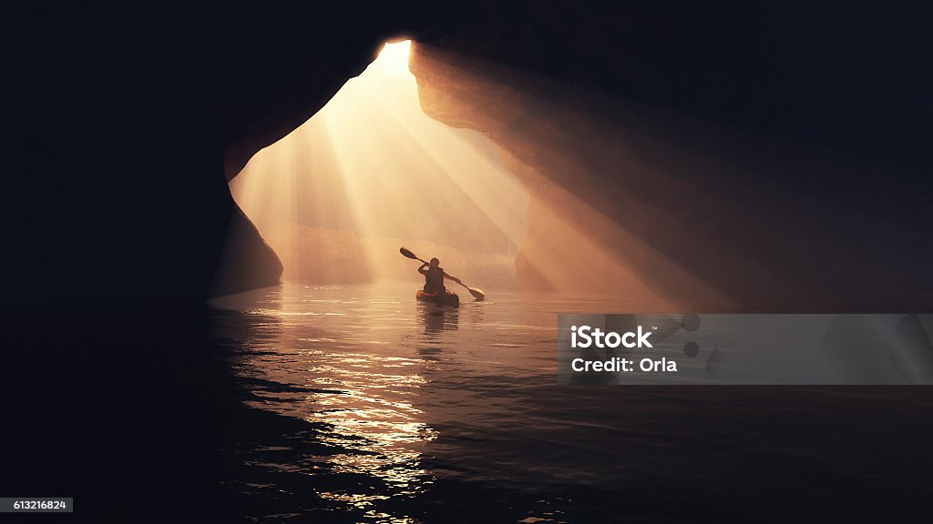 Boat in cave. Kayaker afloating to the cave. This is a 3d render illustration Discovery Stock Photo