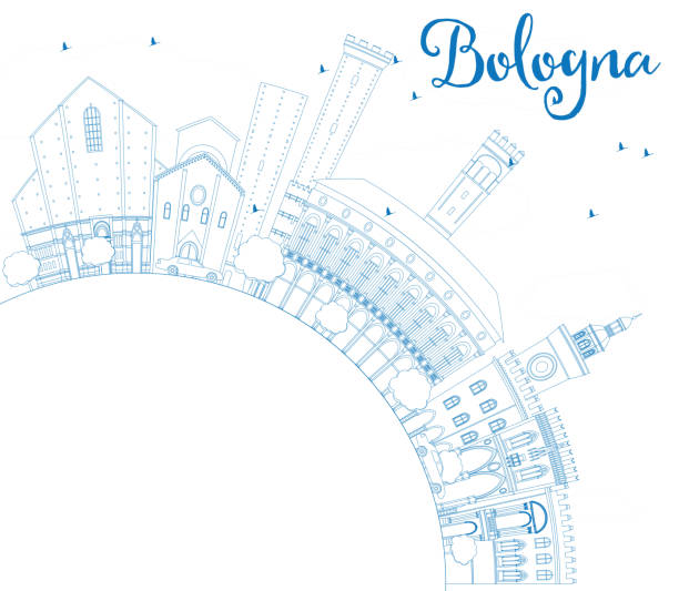 illustrazioni stock, clip art, cartoni animati e icone di tendenza di delinea lo skyline di bologna con punti di riferimento blu e spazio di copia. - bologna