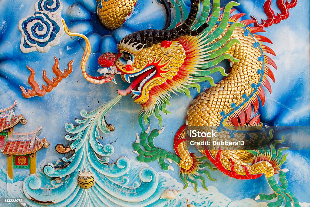 Golden dragon on Chinese temple wall Golden dragon on Chinese temple wall. Allegory Painting Stock Photo