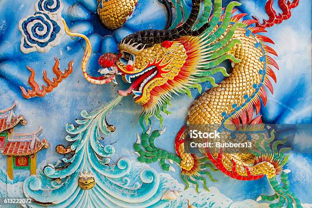 Golden Dragon On Chinese Temple Wall Stock Photo - Download Image Now - Allegory Painting, Ancient, Animal