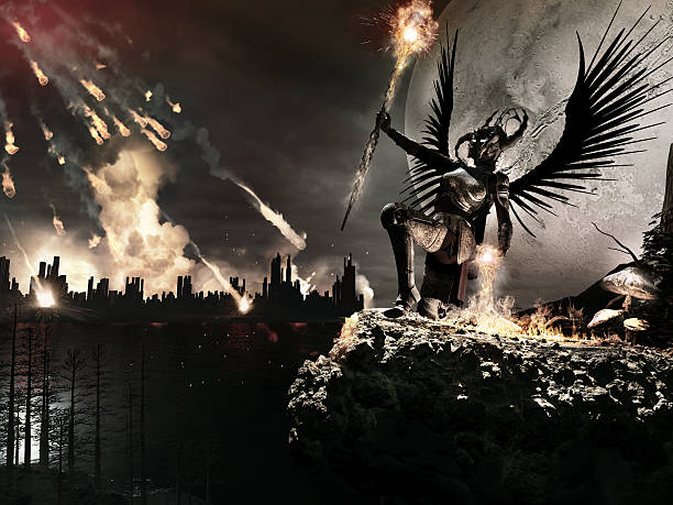 Fantasy scenery with city, meteor shower and winged angel