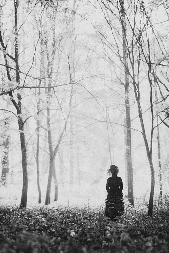 Black and white image of woman in a black victorian dress in a misty late autumn forest.