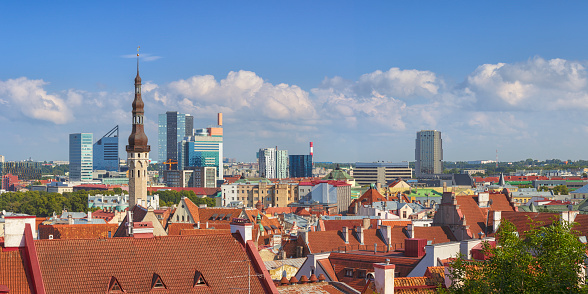 Large panoramic view of the old town rooftops and skyline of Tallinn, Estonia.