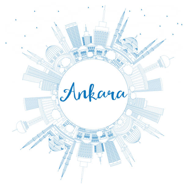 ilustraciones, imágenes clip art, dibujos animados e iconos de stock de delinee el horizonte de ankara con edificios azules y espacio de copia. - ankara