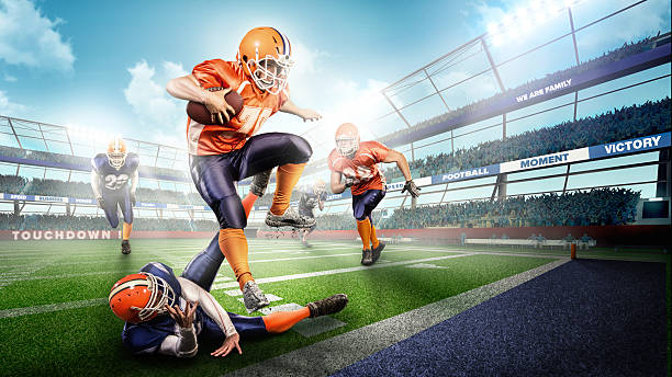 muscular american football players in the action on stadium - caucasian three dimensional shape men sky imagens e fotografias de stock
