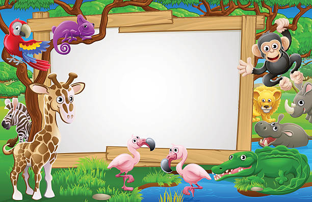 ilustrações de stock, clip art, desenhos animados e ícones de cartoon safari animals sign - safari animals africa animals in the wild hippopotamus
