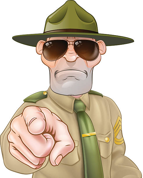 성난 드릴 상사 포인팅 - sergeant army pointing armed forces stock illustrations