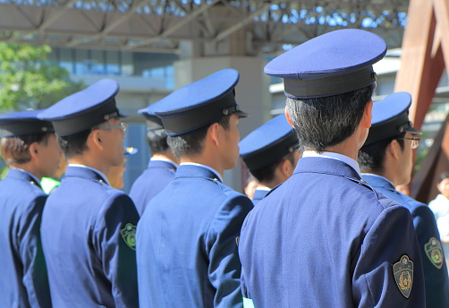 Kanazawa Japan - October 7, 2016: Japanese Police officers attend drive safe campaign at Kanazawa Train Station in Kanazawa Japan.