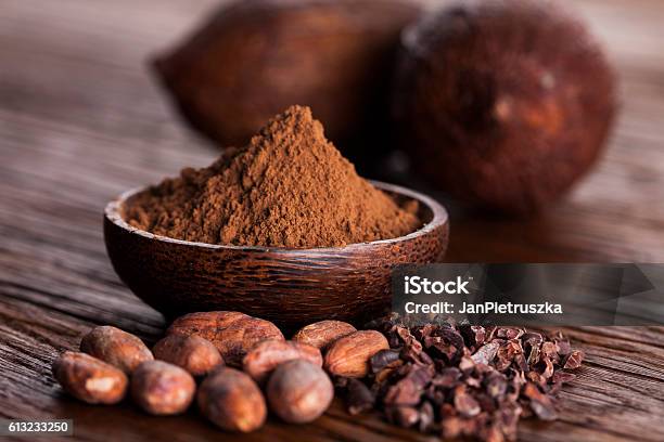 Cacao Beans And Powder And Food Dessert Background Stock Photo - Download Image Now - Cacao Fruit, Ground - Culinary, Nib