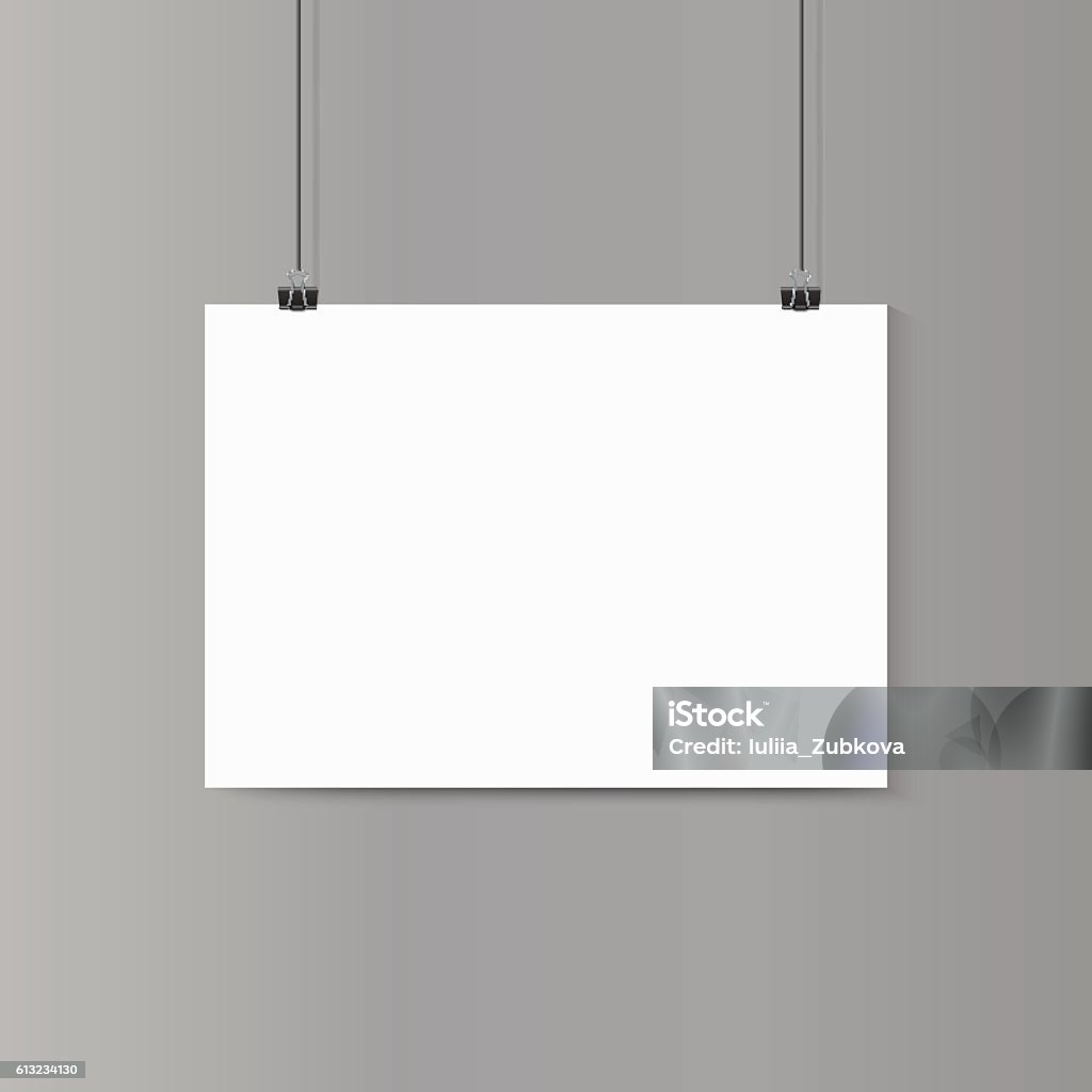 Empty horizontal white paper poster mockup on grey wall with Empty horizontal white paper poster mockup on grey wall with paper clip. Vector illustration. Placard stock vector