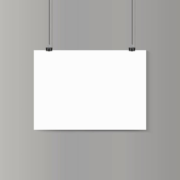 Empty horizontal white paper poster mockup on grey wall with Empty horizontal white paper poster mockup on grey wall with paper clip. Vector illustration. hanging signboard stock illustrations
