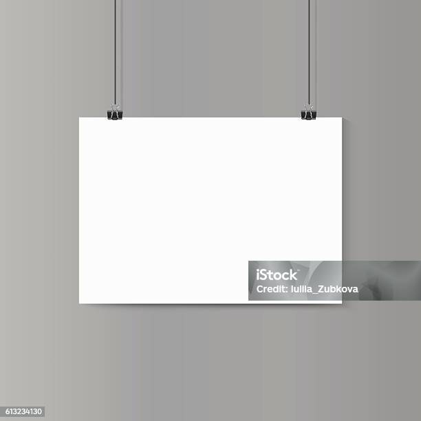 Empty Horizontal White Paper Poster Mockup On Grey Wall With Stock Illustration - Download Image Now