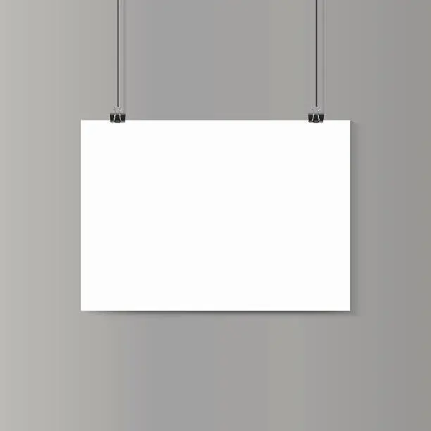 Vector illustration of Empty horizontal white paper poster mockup on grey wall with