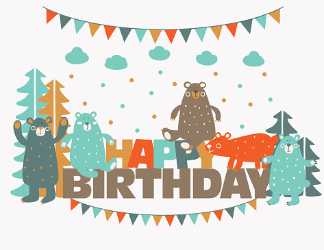 Happy birthday - lovely vector card with funny cute bears in forest and garlands. Ideal for cards, invitations, party, banners, kindergarten, baby shower, preschool and children room decoration