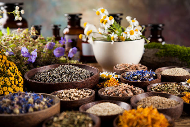 istock Healing herbs on wooden table, mortar and herbal medicine 613239666