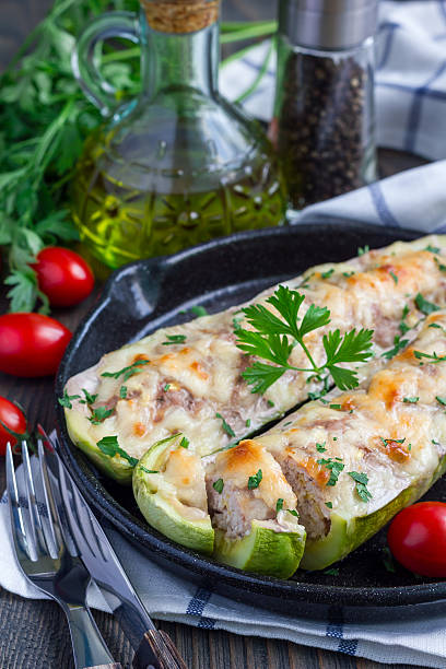istock Zucchini boats stuffed with ground meet on cast iron pan 613241116