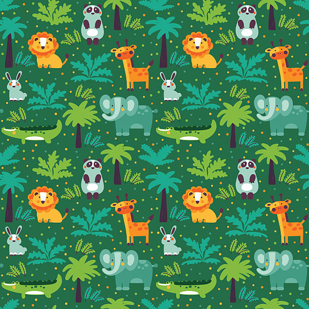 śmieszne gładki wzór wykonany ze zwierząt dzikich zwierząt w dżungli - baby congratulating toy birthday stock illustrations