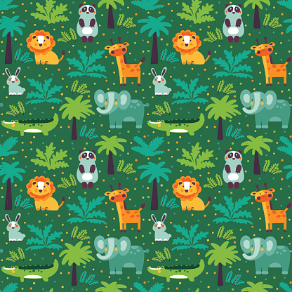 Funny animal seamless vector pattern with white background made of wild animals in jungle. Perfect for cards, invitations, party, banners, kindergarten, preschool and children room decoration