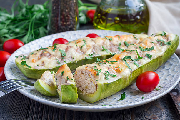 istock Zucchini boats stuffed with ground meet on a plate, horizontal 613241186