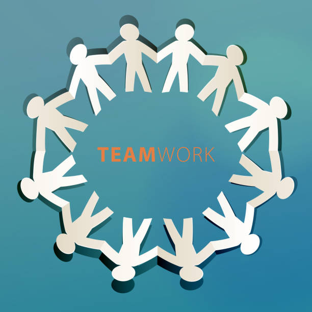 Teamwork Concept Paper Cut Cutted paper people holding hands in a circle for teamwork concept. shadow team business business person stock illustrations