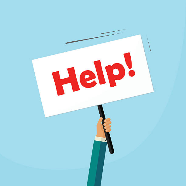 ręka trzymająca plakietkę z wektorem tekstowym pomocy, osoba pytająca - help assistance support dependency stock illustrations
