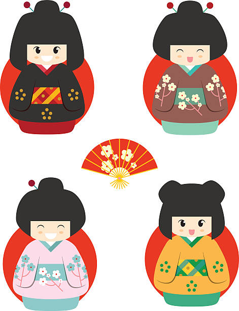 ilustraciones, imágenes clip art, dibujos animados e iconos de stock de conjunto de cuatro lindas muñecas kokeshi japonesas - chica kimono del anime