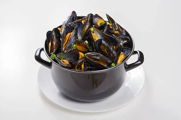 North Sea fresh steamed mussels in black pan, tasty seasonal food