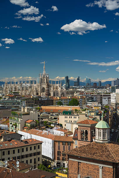 Milano, 2016 panoramic skyline with clear sky and italian Alps stock photo