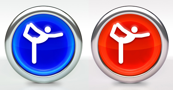 Yoga Stretch Icon on Button with Metallic Rim. The icon comes in two versions blue and red and has a shiny metallic rim. The buttons have a slight shadow and are on a white background. The modern look of the buttons is very clean and will work perfectly for websites and mobile aps.