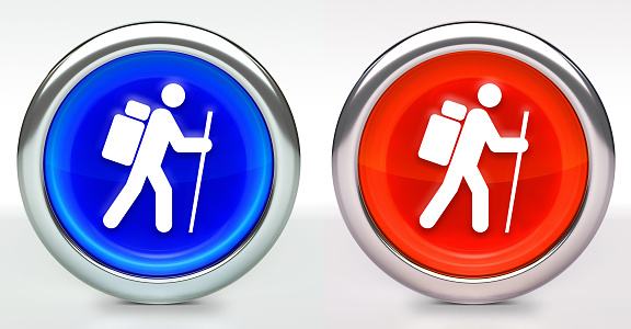 Hiking Man Icon on Button with Metallic Rim. The icon comes in two versions blue and red and has a shiny metallic rim. The buttons have a slight shadow and are on a white background. The modern look of the buttons is very clean and will work perfectly for websites and mobile aps.