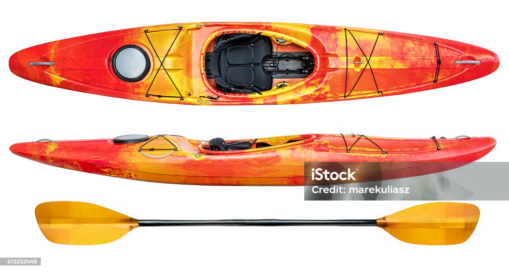 crossover whitewater kayak isolated crossover kayak (whitewater and river running kayak) and paddle isolated on white Kayak Stock Photo
