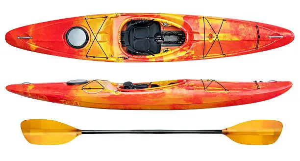 crossover kayak (whitewater and river running kayak) and paddle isolated on white