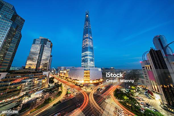 Cityscape Songpagu Skyscrapers Lotte World Tower At Night Seoul Stock Photo - Download Image Now