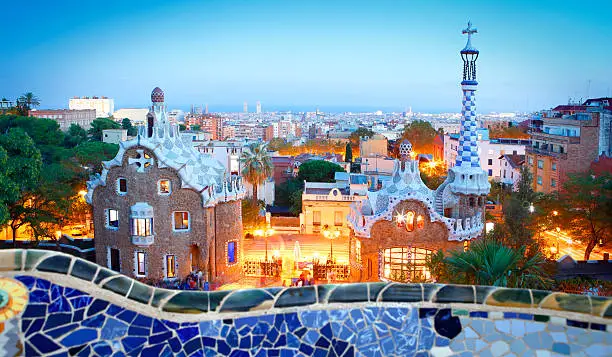 Panoramic view of the Park Güell in Barcelona by twilight, Spain
