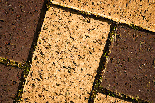 A landscape close up  image of coloured brickwork flooring