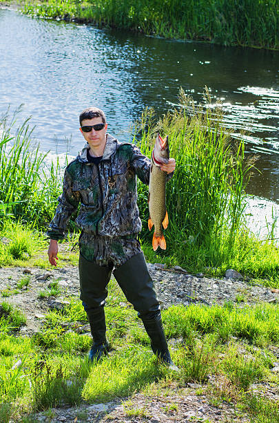 istock The fisherman with the caught  pike 613255944