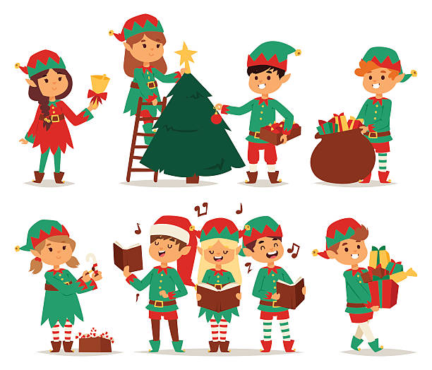 ilustraciones, imágenes clip art, dibujos animados e iconos de stock de santa claus niños ayudantes de elfos de dibujos animados - elfo