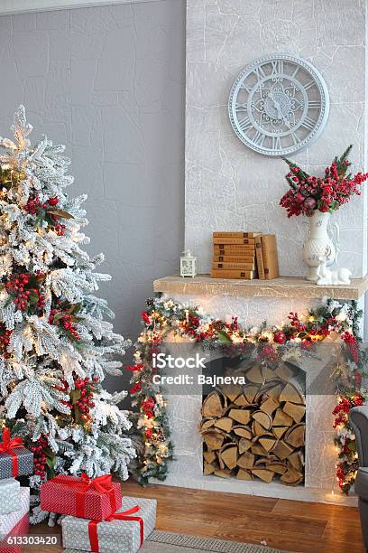 Christmas Tree In Room Xmas Home Night Interior Stock Photo - Download Image Now - Apartment, Arranging, Brown