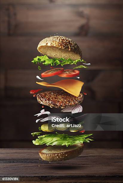 Burger Preparation Ingredients Stock Photo - Download Image Now - Burger, Falling, Hamburger