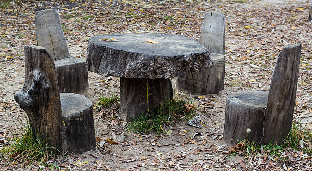 istock chairs and table in park made of stub 613304888