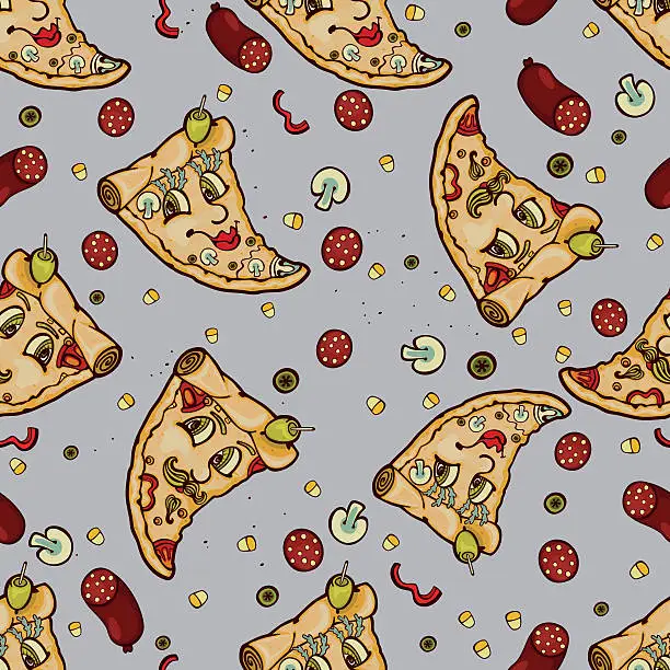 Vector illustration of Humanized cute slices of pizza. Seamless background