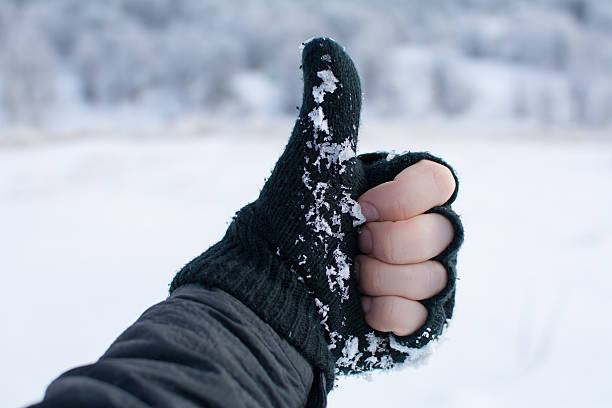 Winter landscape on mountain. Thumbs up.