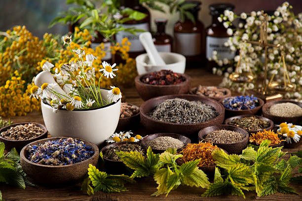 istock Herbal medicine on wooden desk background 613306576