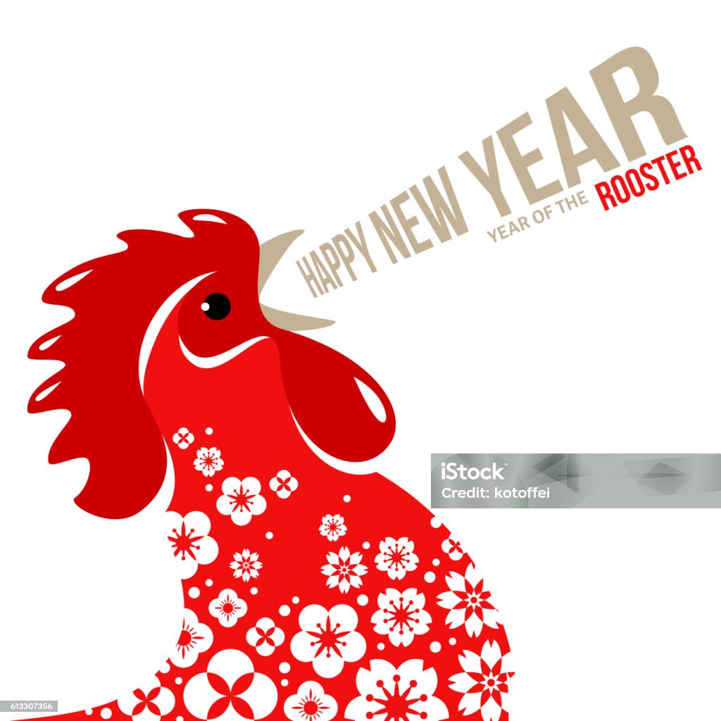 Red Crowing Rooster on White Background Red Crowing Rooster on White Background with Oriental Flowers. Vector Illustration. Chinese 2017 New Year Symbol Rooster stock vector