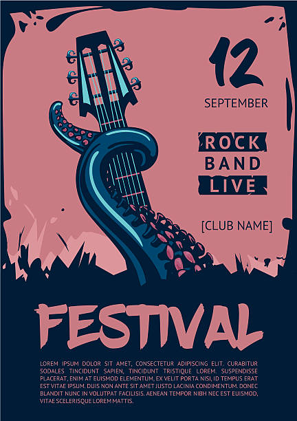 Music poster template for rock concert. Octopus with guitar. Octopus with guitar. Poster template for club, festival, concert and rock party. music festival stock illustrations