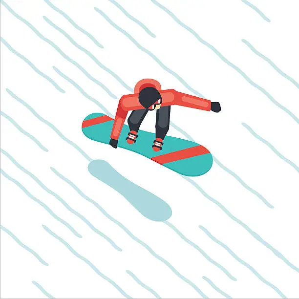 Vector illustration of Snowboarder skating from mountain. Flat style cartoon vector. Top view.