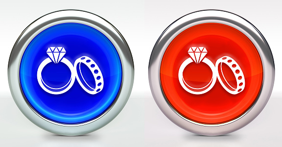 Wedding Rings Icon on Button with Metallic Rim. The icon comes in two versions blue and red and has a shiny metallic rim. The buttons have a slight shadow and are on a white background. The modern look of the buttons is very clean and will work perfectly for websites and mobile aps.