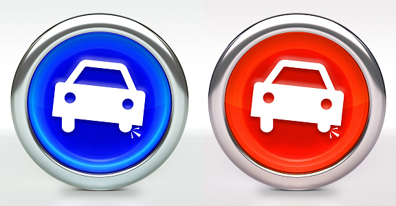 Car Accident Icon on Button with Metallic Rim. The icon comes in two versions blue and red and has a shiny metallic rim. The buttons have a slight shadow and are on a white background. The modern look of the buttons is very clean and will work perfectly for websites and mobile aps.